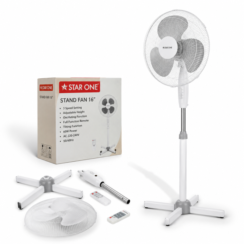 STAR ONE Standventilator 16 Zoll – Höhenverstellbar, 3 Geschwindigkeiten, Oszillation, Weiß